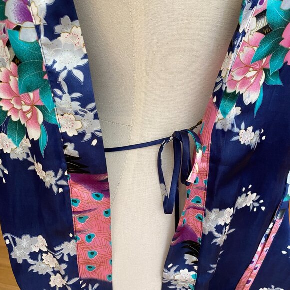 Peacock & Cherry Blossom Asian Inspired Silky Kimono Robe Navy Tik Tok Mini-M/L - Picture 4 of 10